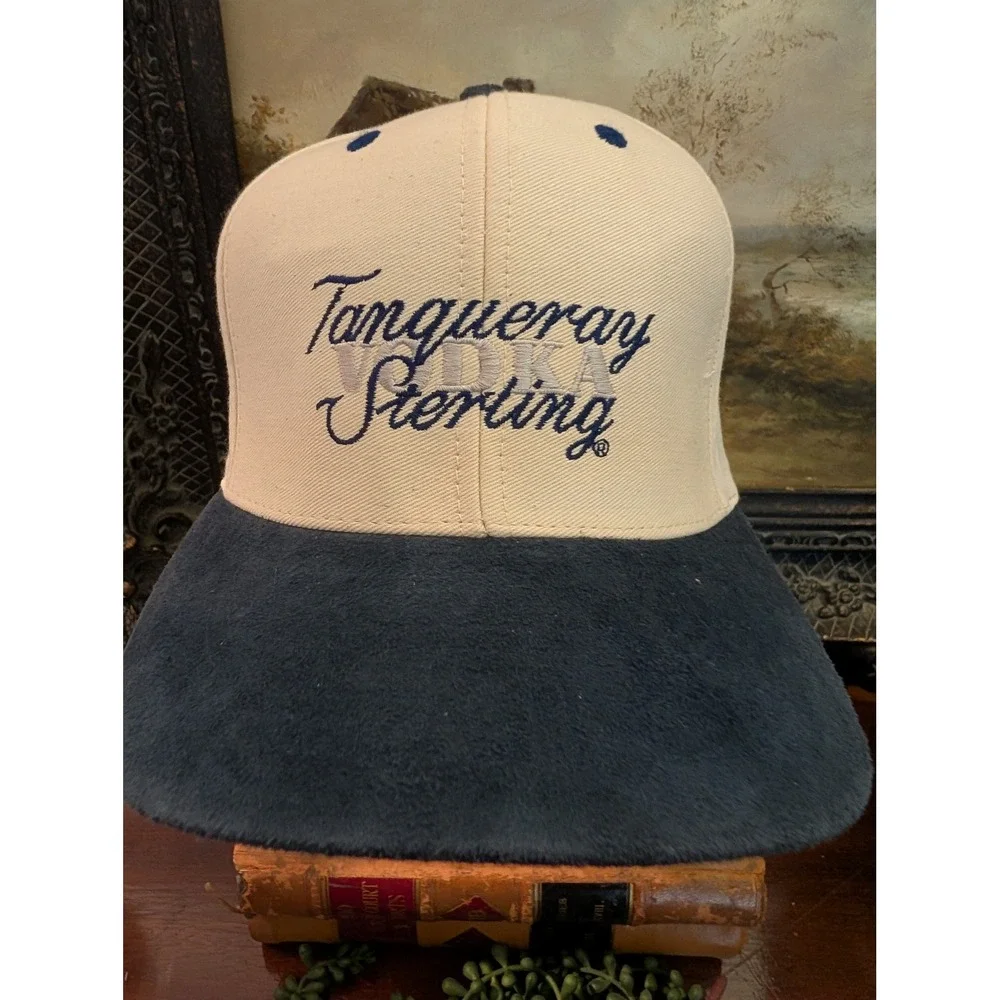 Vintage Tanqueray Sterling Vodka Snapback Hat Cream Navy Blue Suede Brim Cap